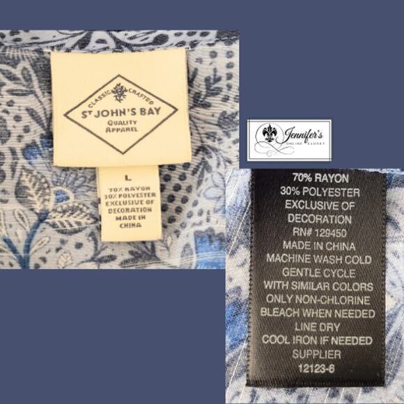 St. John's Bay Blue Floral Split Neck Balloon Sleeve Peasant Blouse Size L - Picture 10 of 12